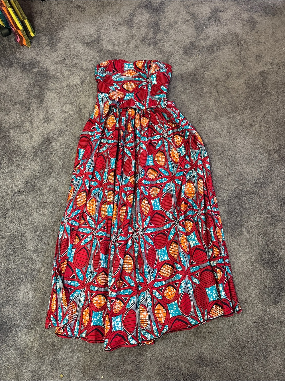 Vibrant Strapless  top Dress in Red, Orange & Teal